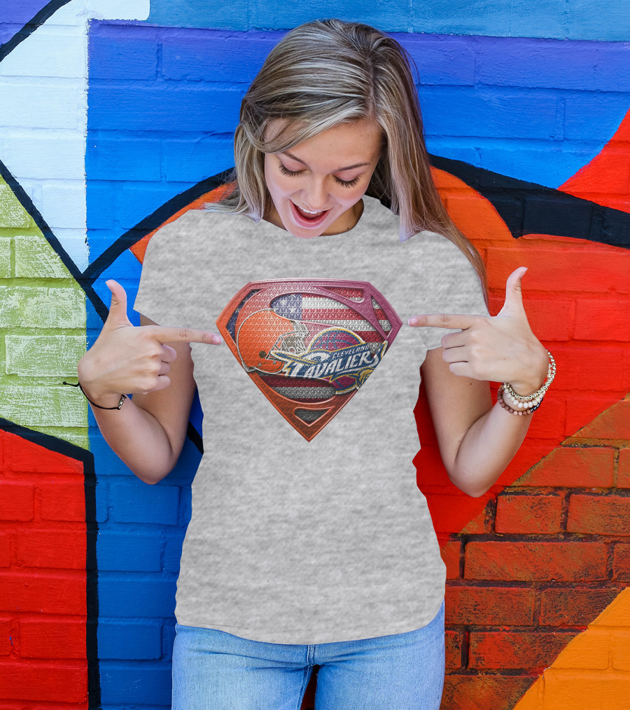 Cleveland Cavaliers Browns Superman American Flag Emblem T-Shirt