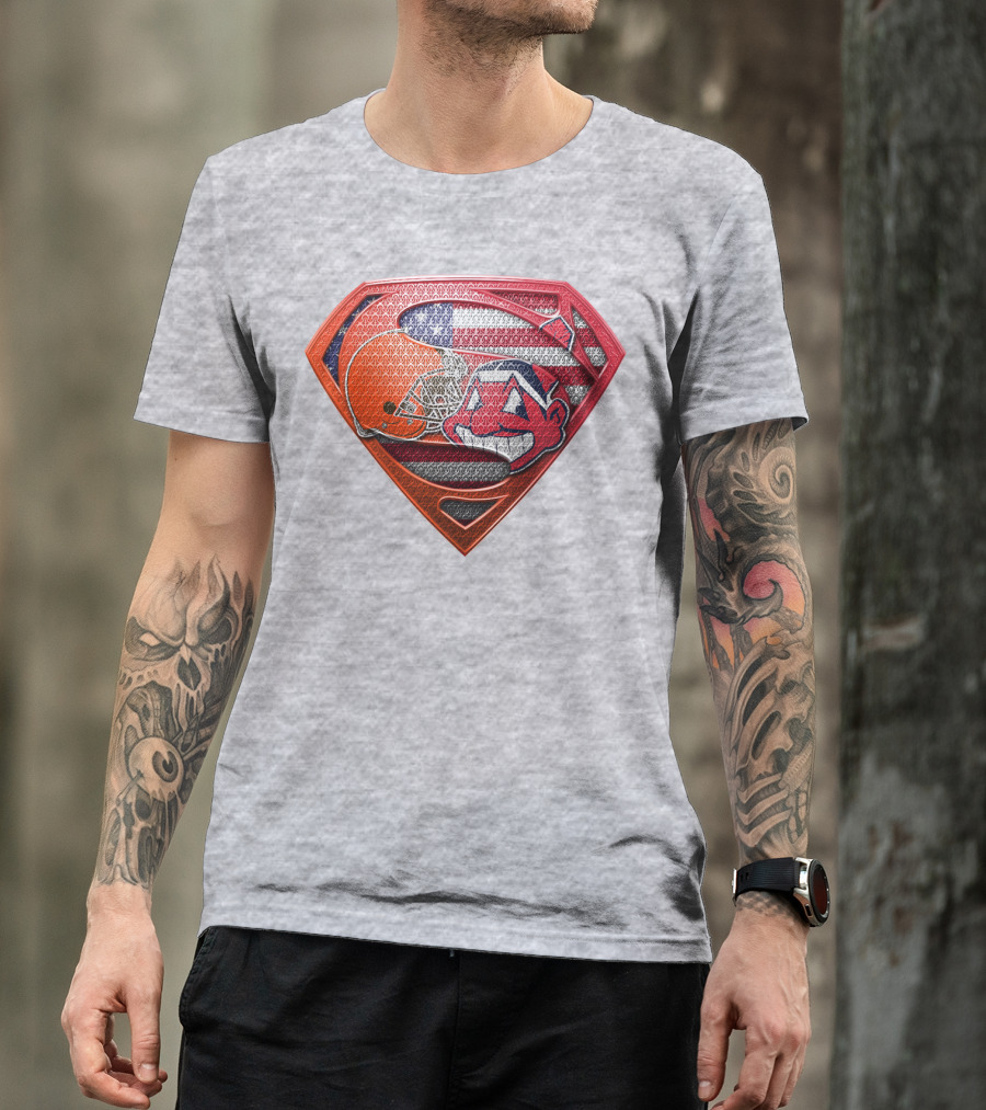 Superman Shield Cleveland Browns Helmet Chief Wahoo American Flag T-Shirt