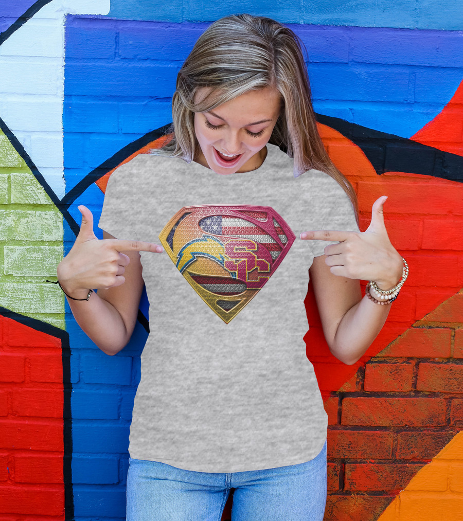 Superman Chargers Trojans American Flag Emblem On Gray T-Shirt
