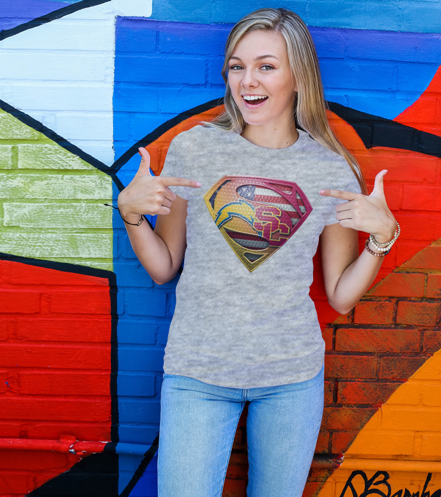 Superman Chargers Trojans American Flag Emblem On Gray T-Shirt