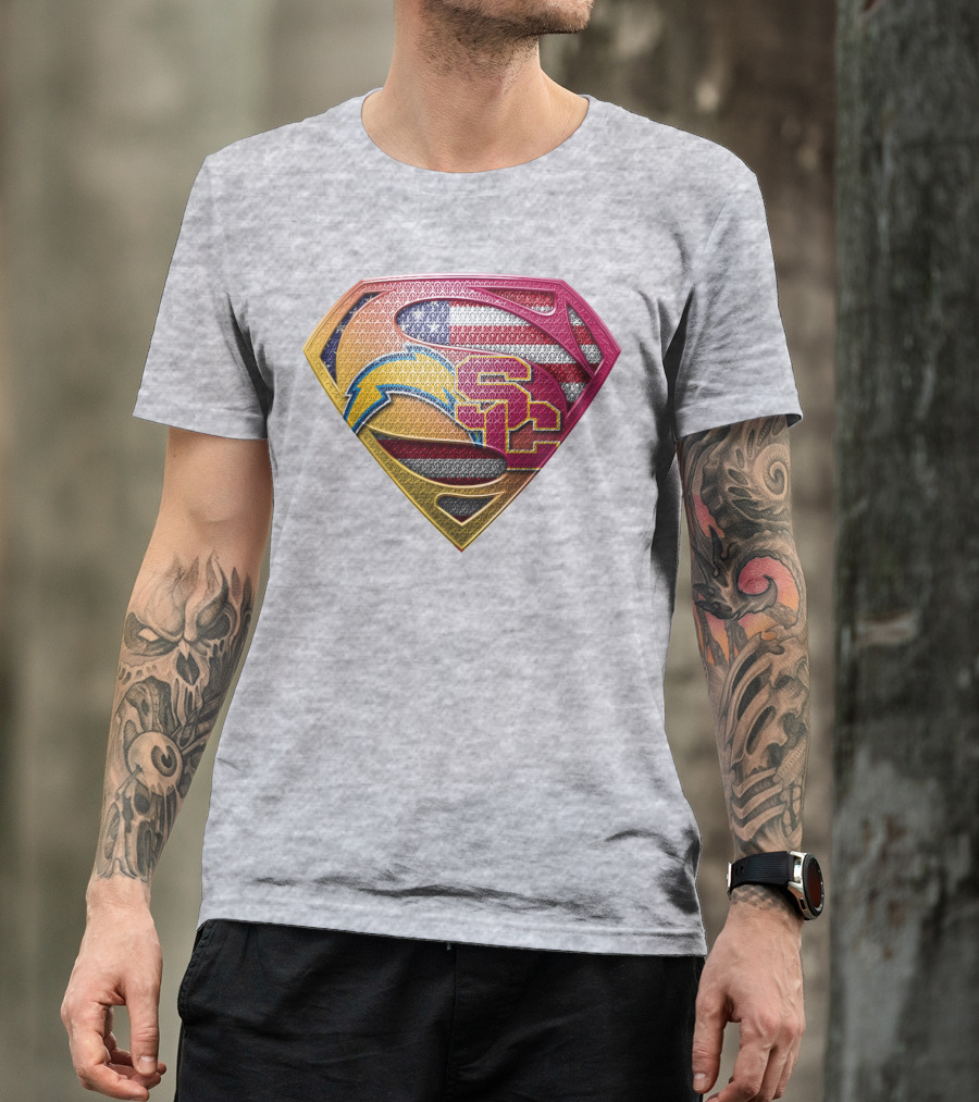 Superman Chargers Trojans American Flag Emblem On Gray T-Shirt