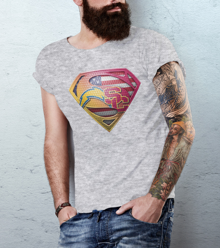 Superman Chargers Trojans American Flag Emblem On Gray T-Shirt