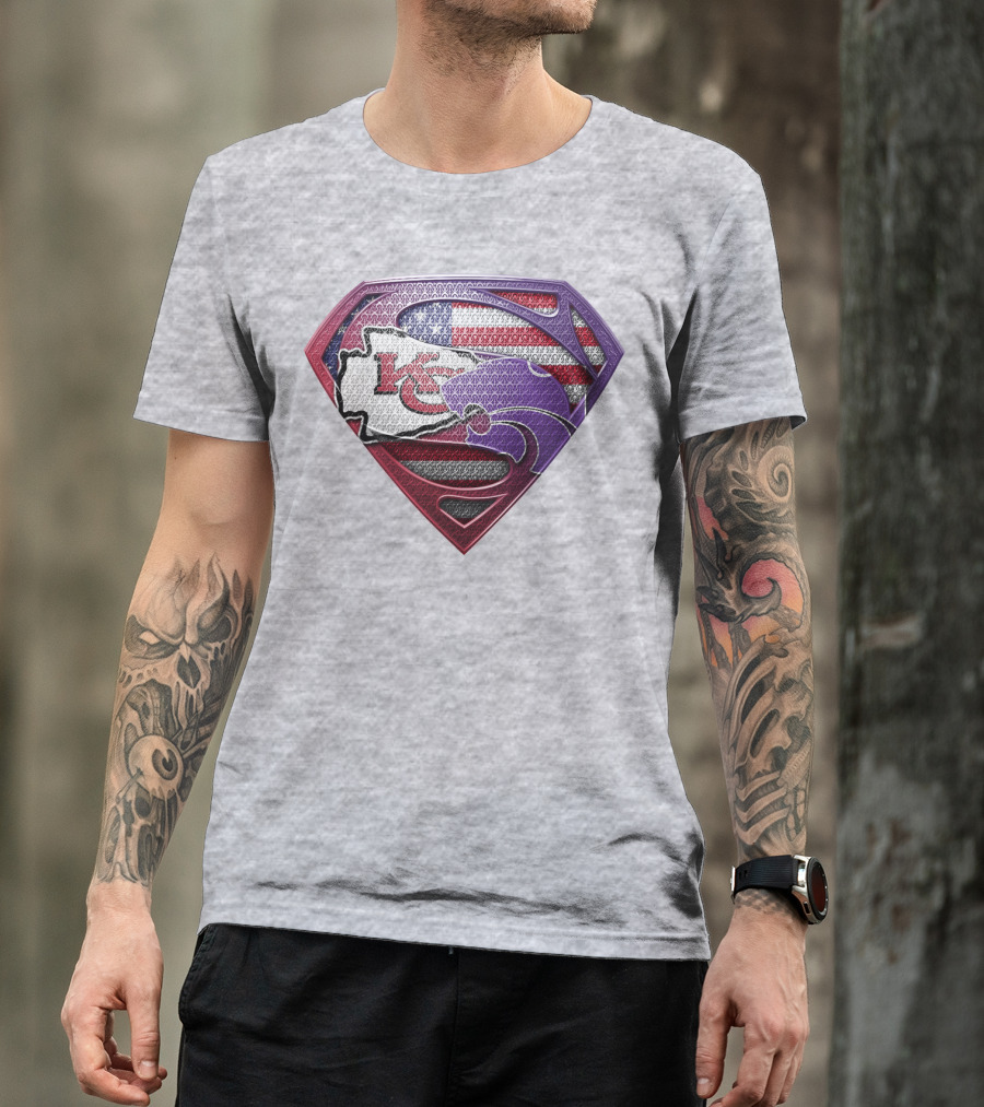 Kansas City Chiefs Superman Logo With American Flag And Kansas Map T-Shirt