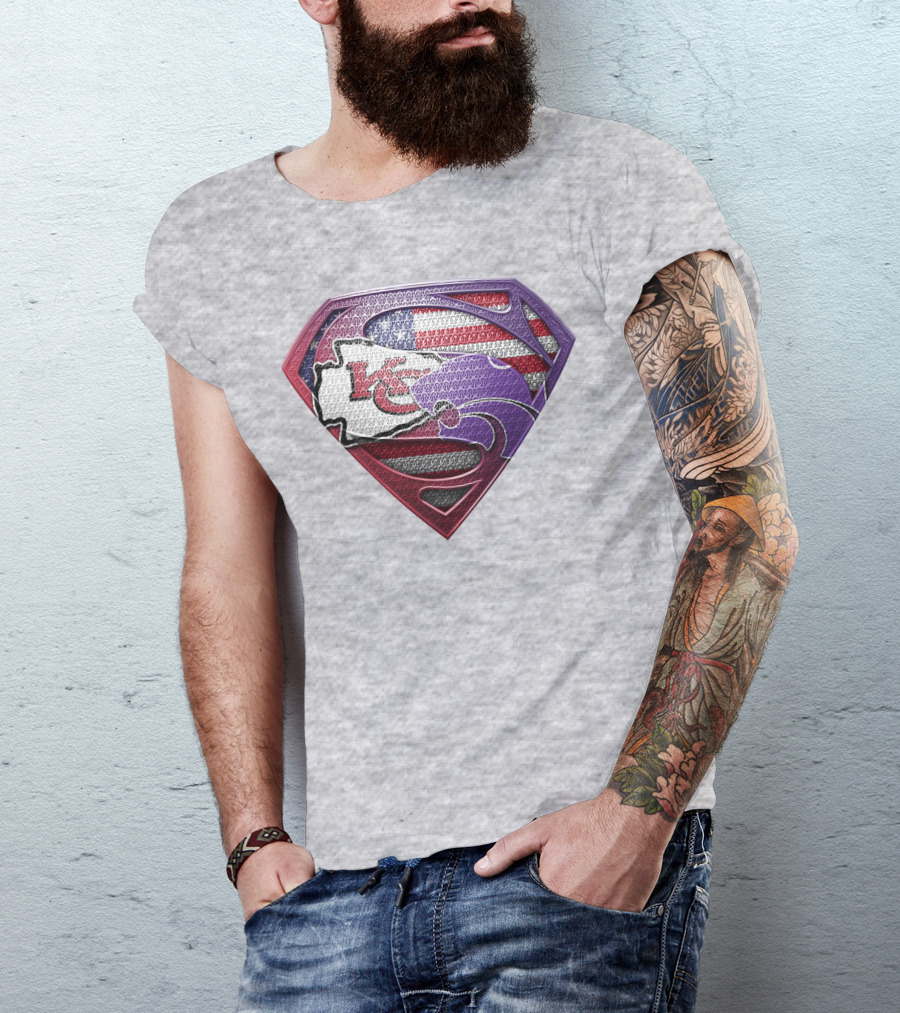 Kansas City Chiefs Superman Logo With American Flag And Kansas Map T-Shirt