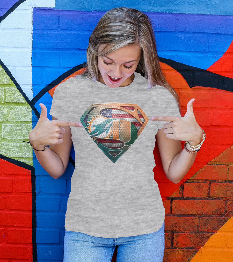 Miami Dolphins University Of Miami Superman Logo With American Flag T-Shirt