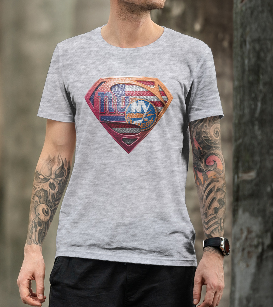 New York Giants Islanders Superman Shield American Flag T-Shirt