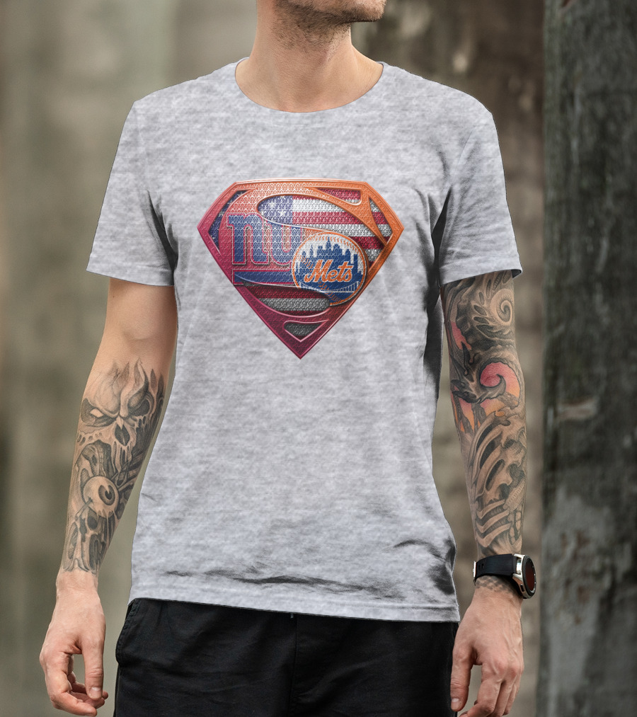 Giants Mets Superman Logo American Flag T-Shirt