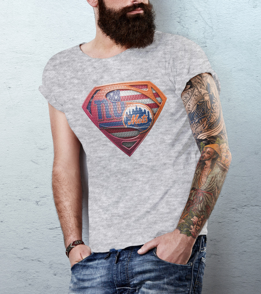 Giants Mets Superman Logo American Flag T-Shirt
