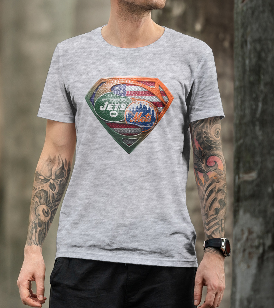New York Jets Mets Logo With American Flag And Superman Shield T-Shirt