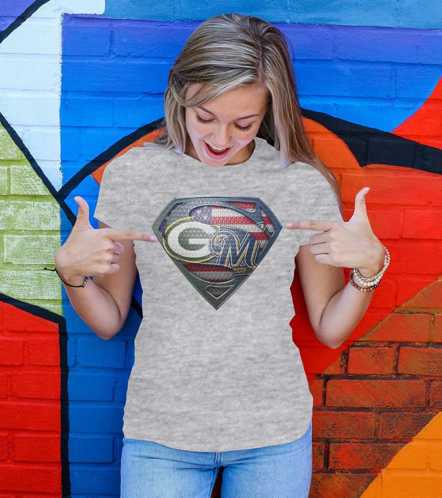 Green Bay Packers Milwaukee Brewers American Flag Superman T-Shirt