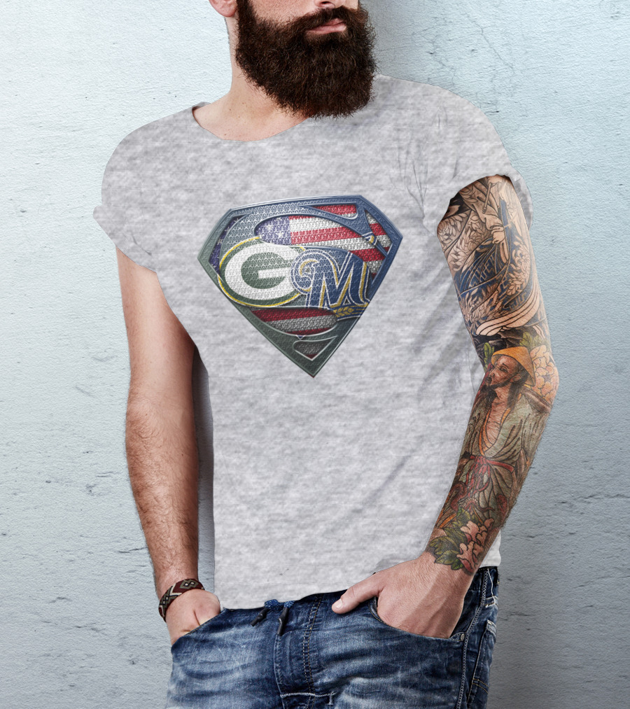 Green Bay Packers Milwaukee Brewers American Flag Superman T-Shirt