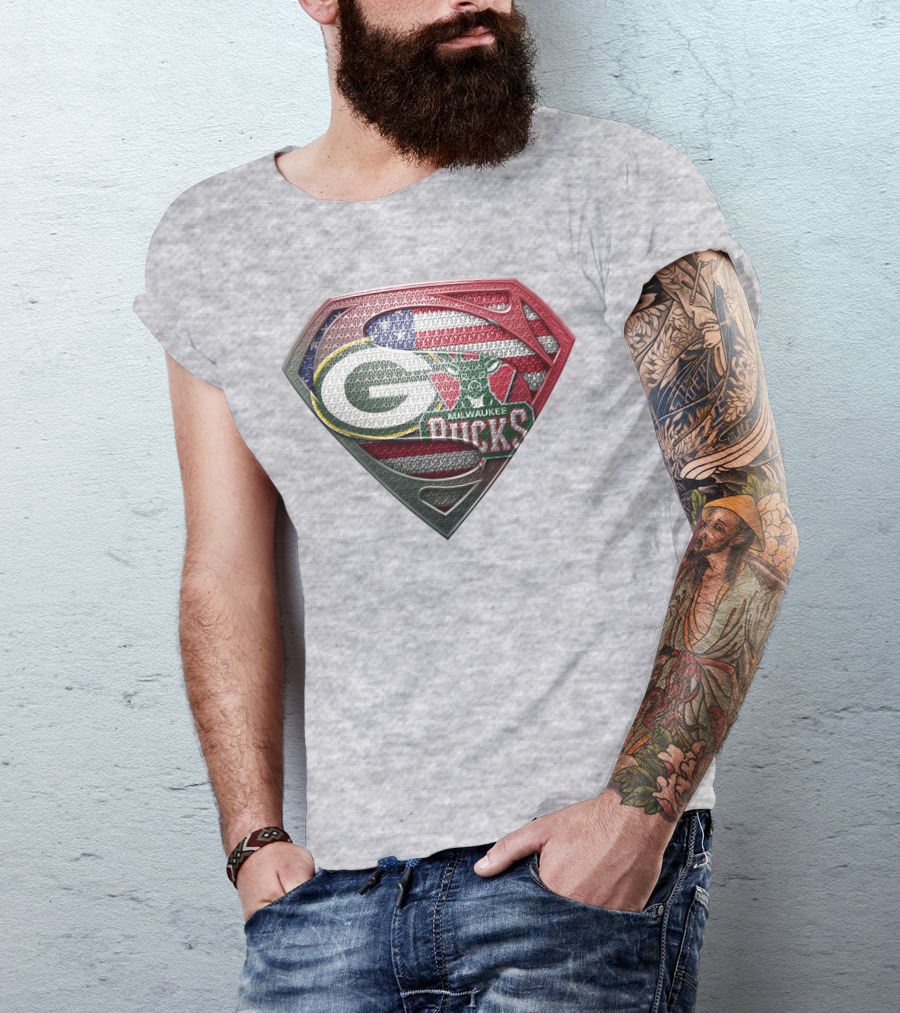 Green Bay Milwaukee Bucks Superman American Flag T-Shirt