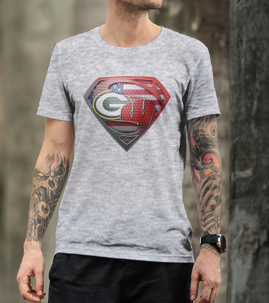 Green Bay Packers Wisconsin Badgers American Flag Superman Shield T-Shirt