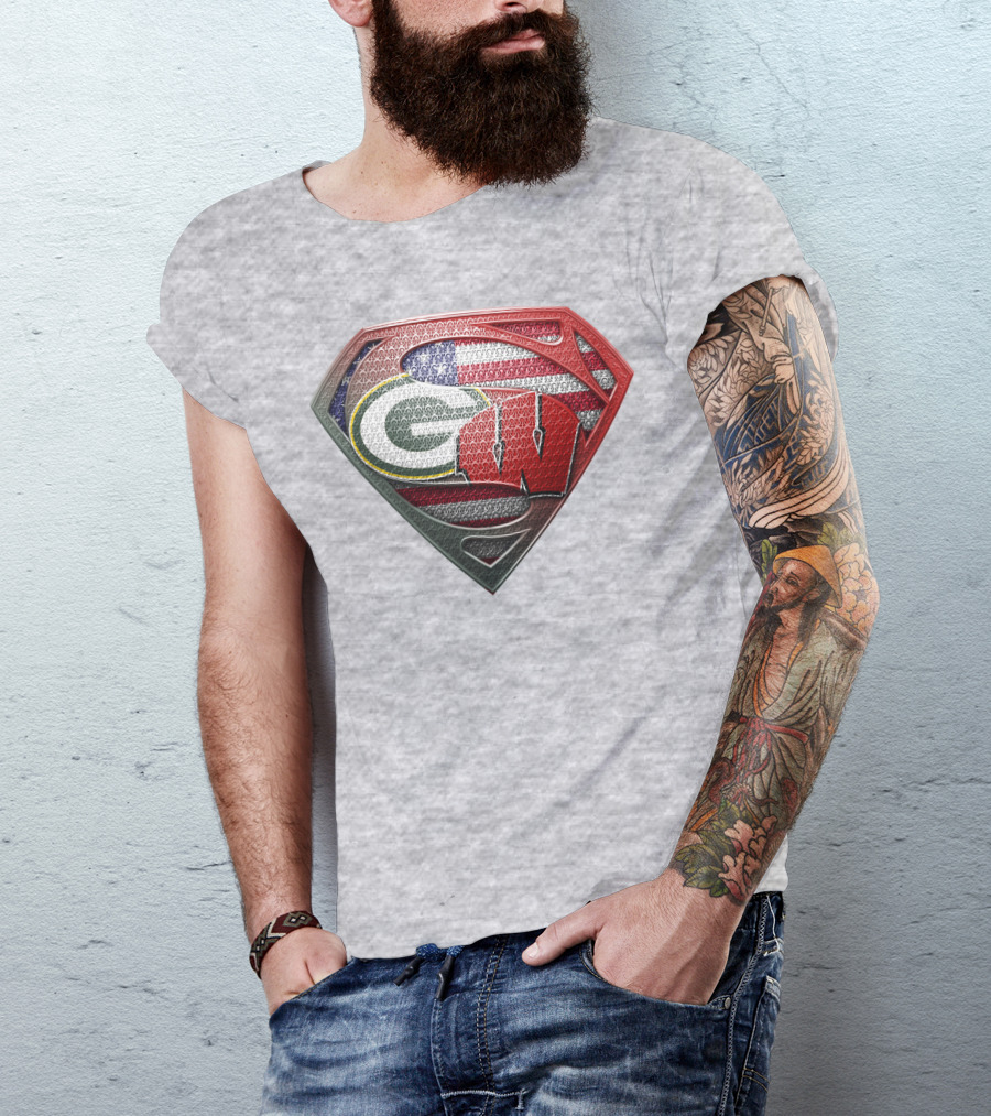 Green Bay Packers Wisconsin Badgers American Flag Superman Shield T-Shirt