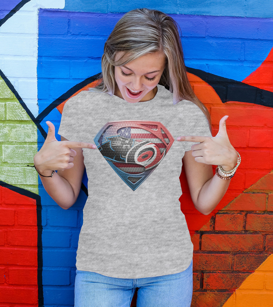 Superman Shield Carolina Panthers American Flag Carolina Hurricanes T-Shirt