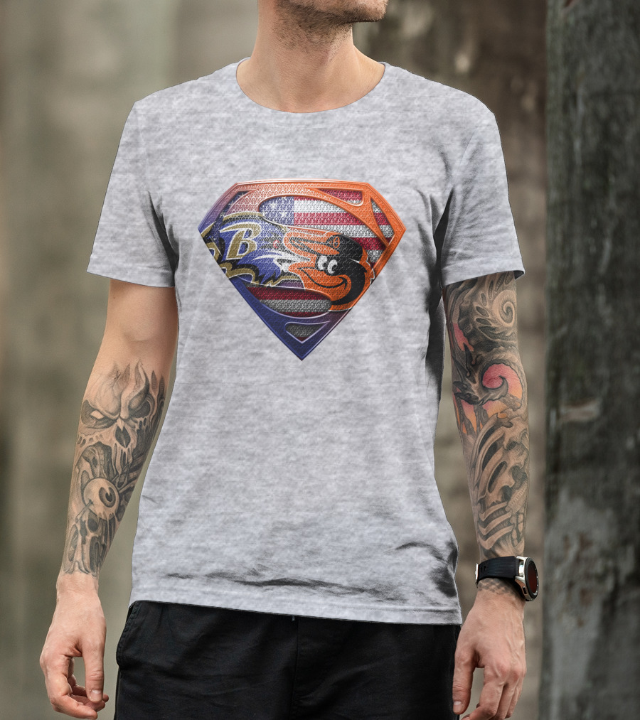 Baltimore Ravens Orioles American Flag Superman Shield T-Shirt