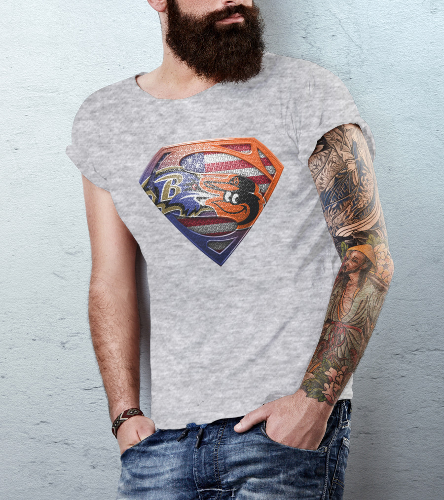 Baltimore Ravens Orioles American Flag Superman Shield T-Shirt
