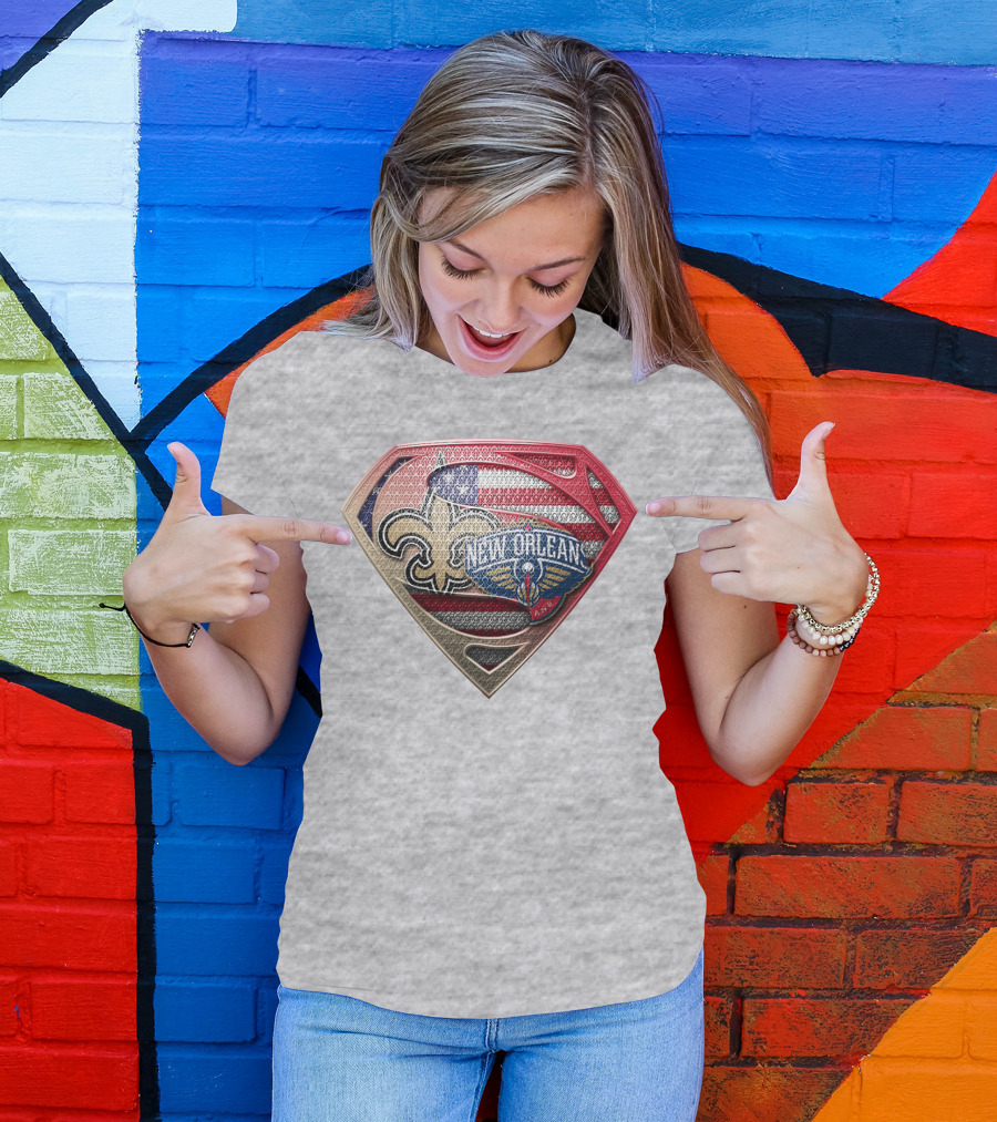 Superman Shield New Orleans Saints Pelicans American Flag T-Shirt
