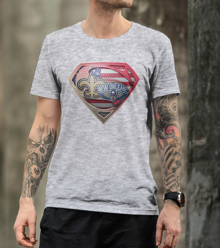 Superman Shield New Orleans Saints Pelicans American Flag T-Shirt