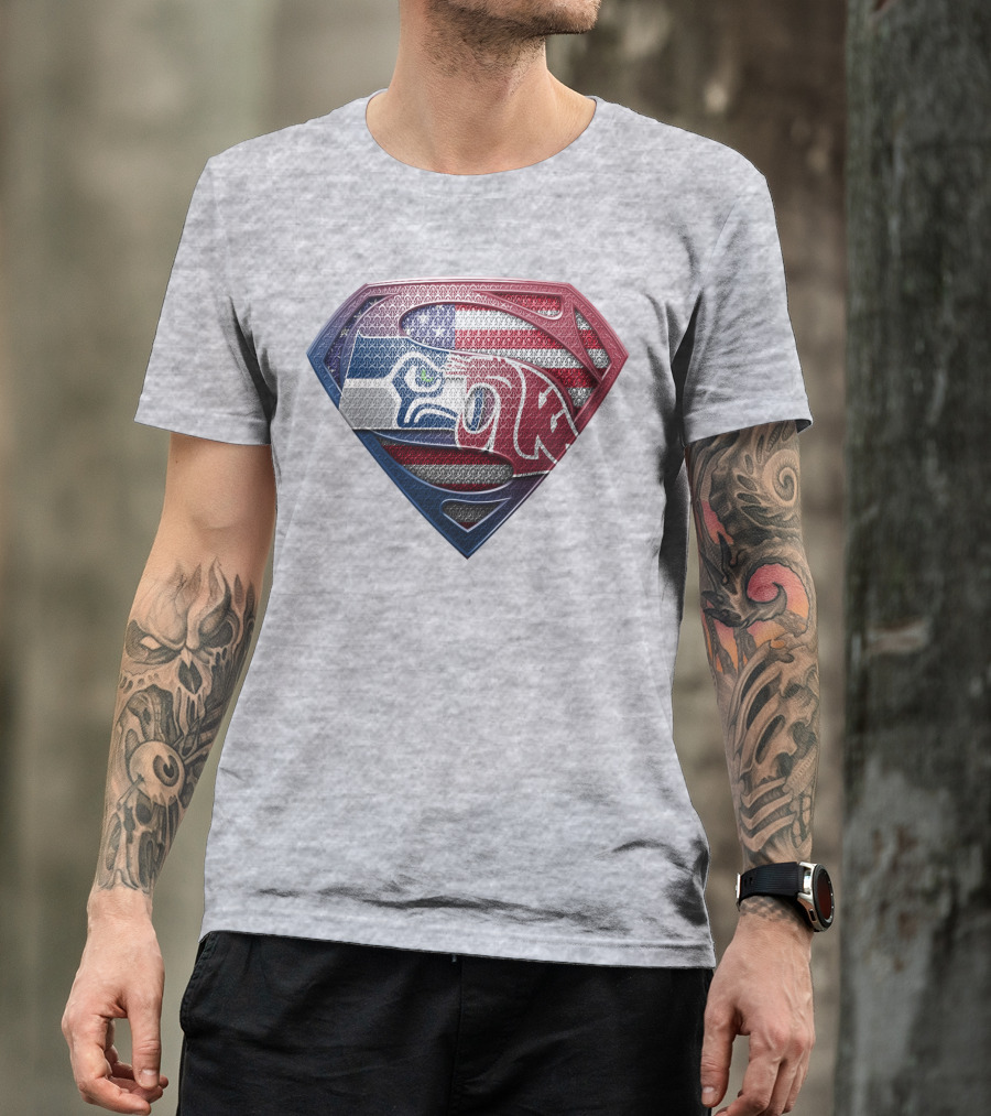 Seahawks Cougars Superman Shield Usa Flag T-Shirt