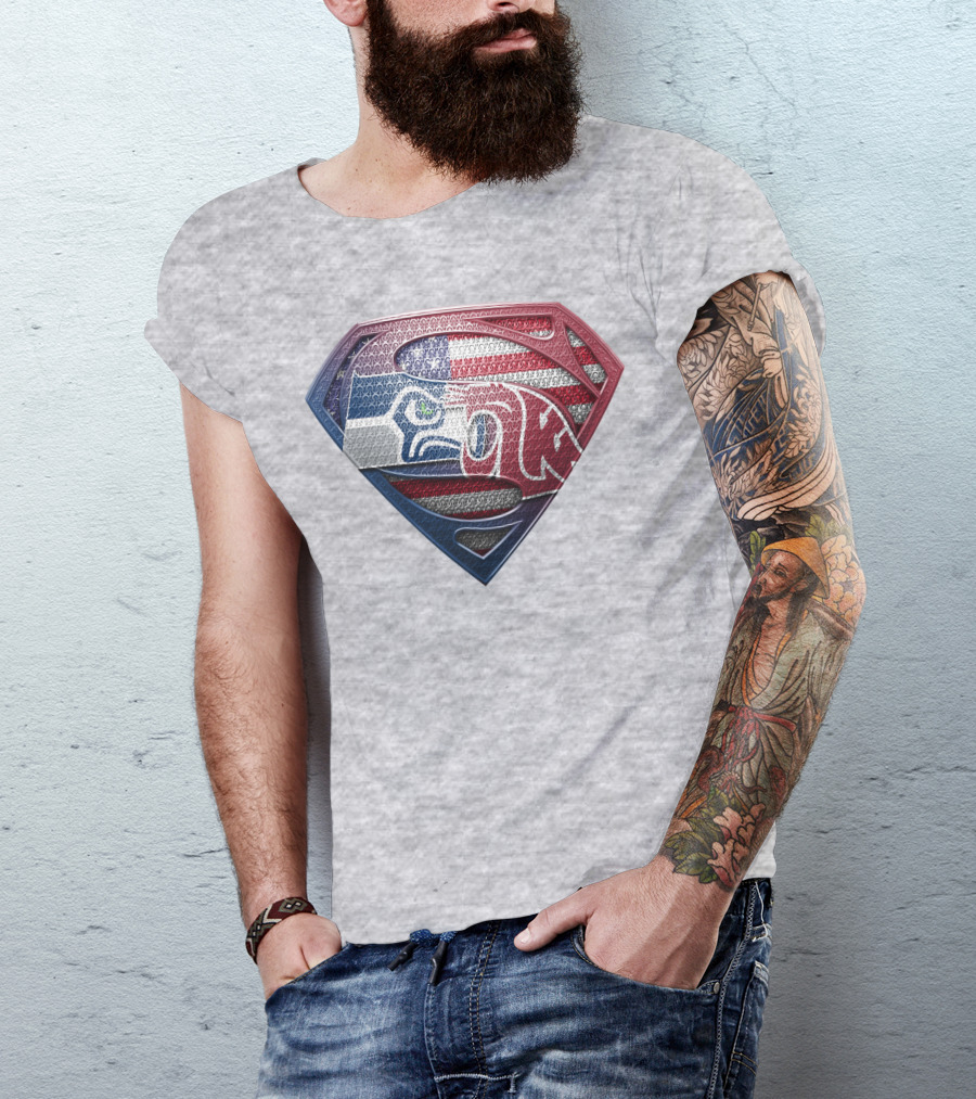 Seahawks Cougars Superman Shield Usa Flag T-Shirt