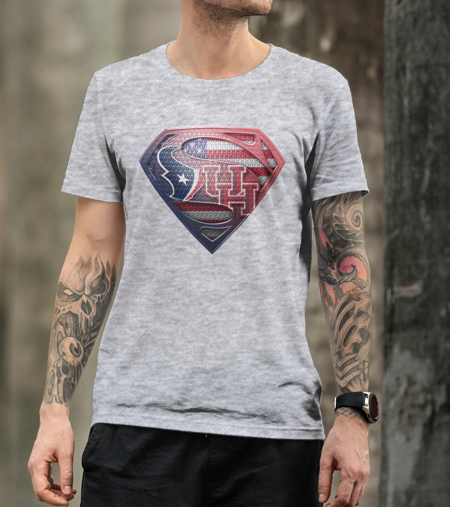 Houston Texans And University Of Houston Super Shield With American Flag T-Shirt