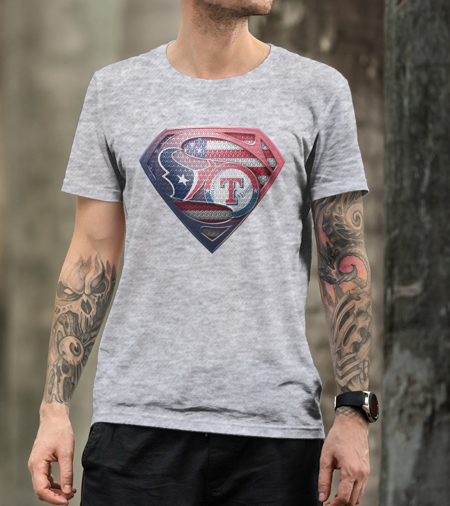 Superman Shield Houston Texans And Texas Rangers American Flag T-Shirt