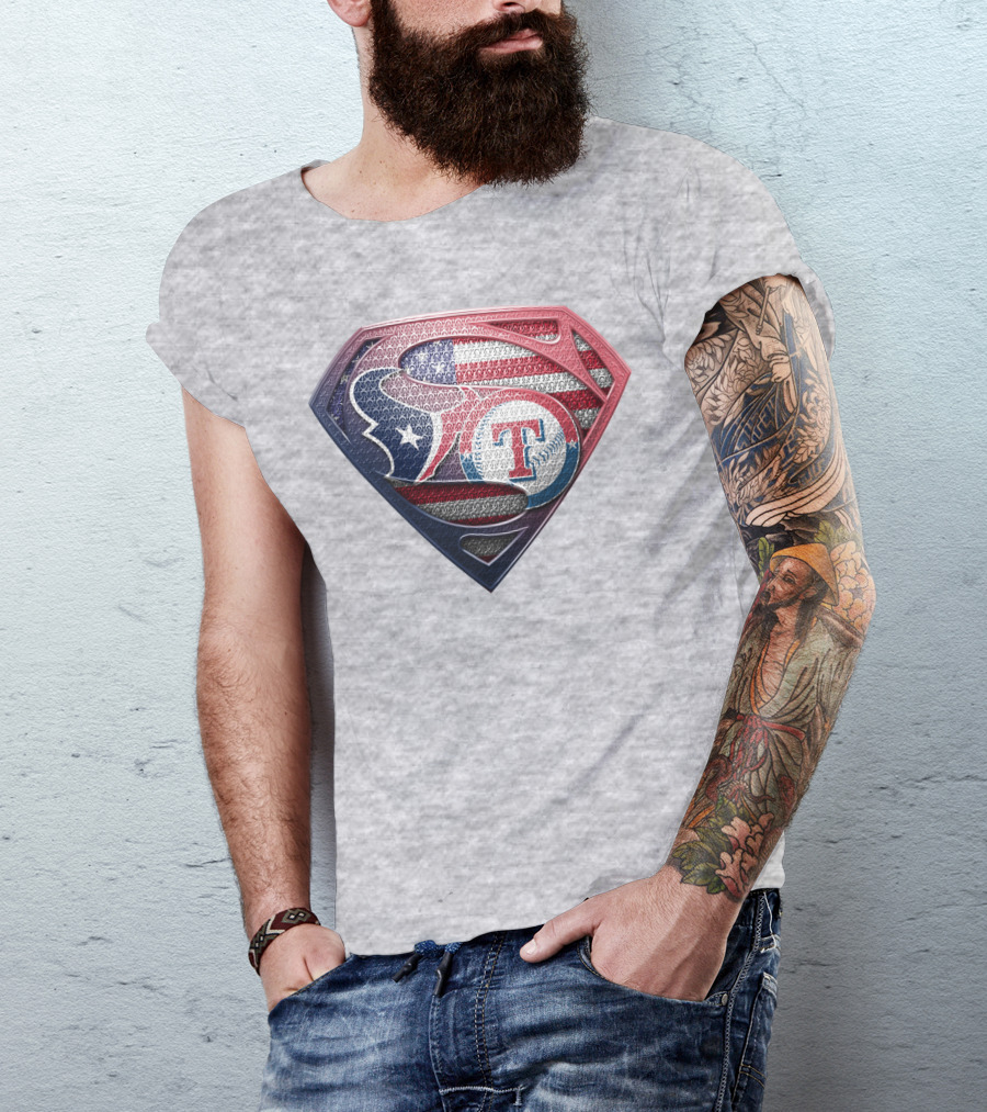 Superman Shield Houston Texans And Texas Rangers American Flag T-Shirt