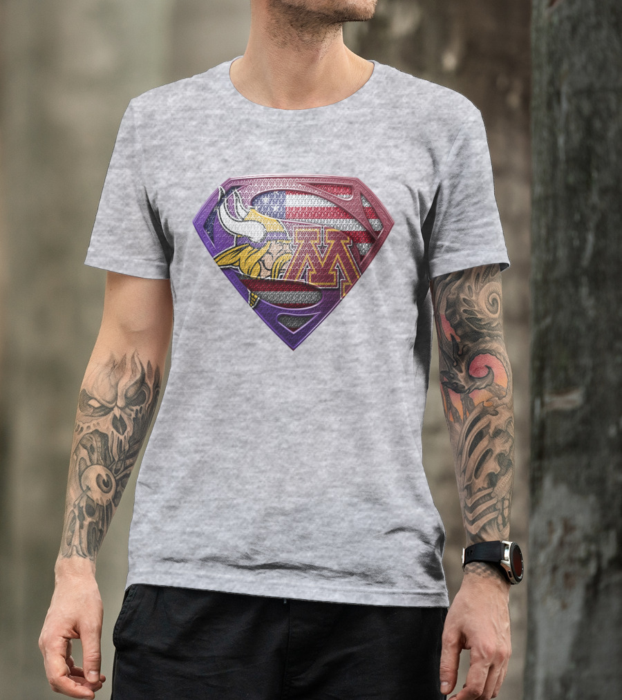Minnesota Vikings And Golden Gophers American Flag Superman T-Shirt