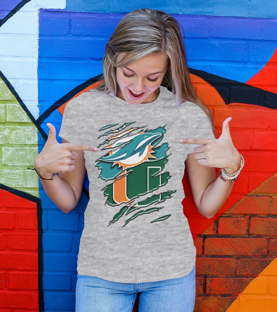 Miami Dolphins And University Of Miami Hurricanes Torn Design Rah 052 T-Shirt