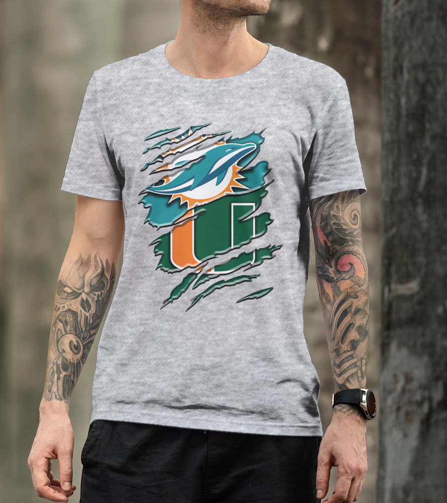Miami Dolphins And University Of Miami Hurricanes Torn Design Rah 052 T-Shirt