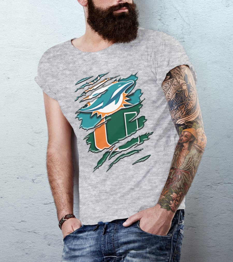 Miami Dolphins And University Of Miami Hurricanes Torn Design Rah 052 T-Shirt