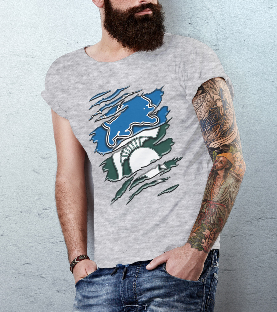 Detroit Lions Michigan State Spartans Ripped Claw Scratch Design Rah 076 T-Shirt