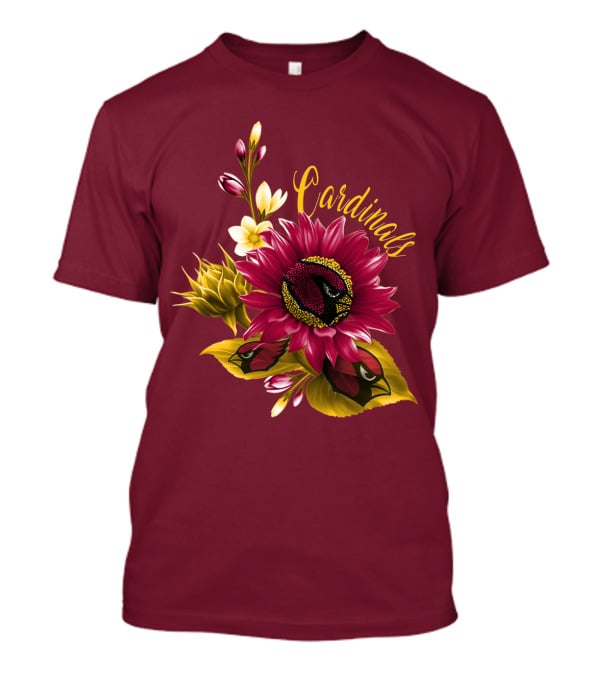 Cardinals Floral Sunflower And Bird Art On Red T-Shirt