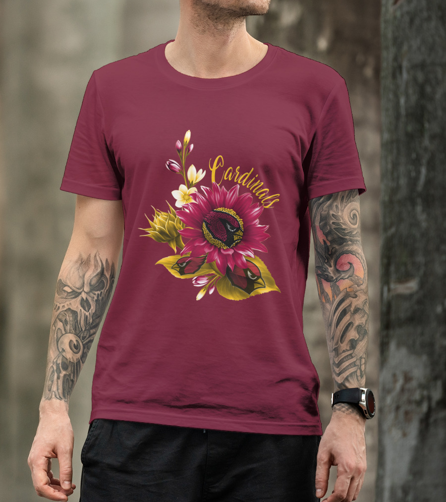 Cardinals Floral Sunflower And Bird Art On Red T-Shirt