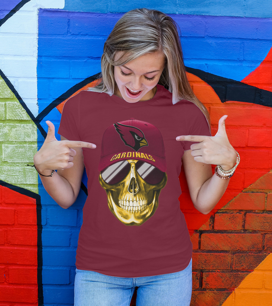 Arizona Cardinals Skull With Hat And Sunglasses T-Shirt