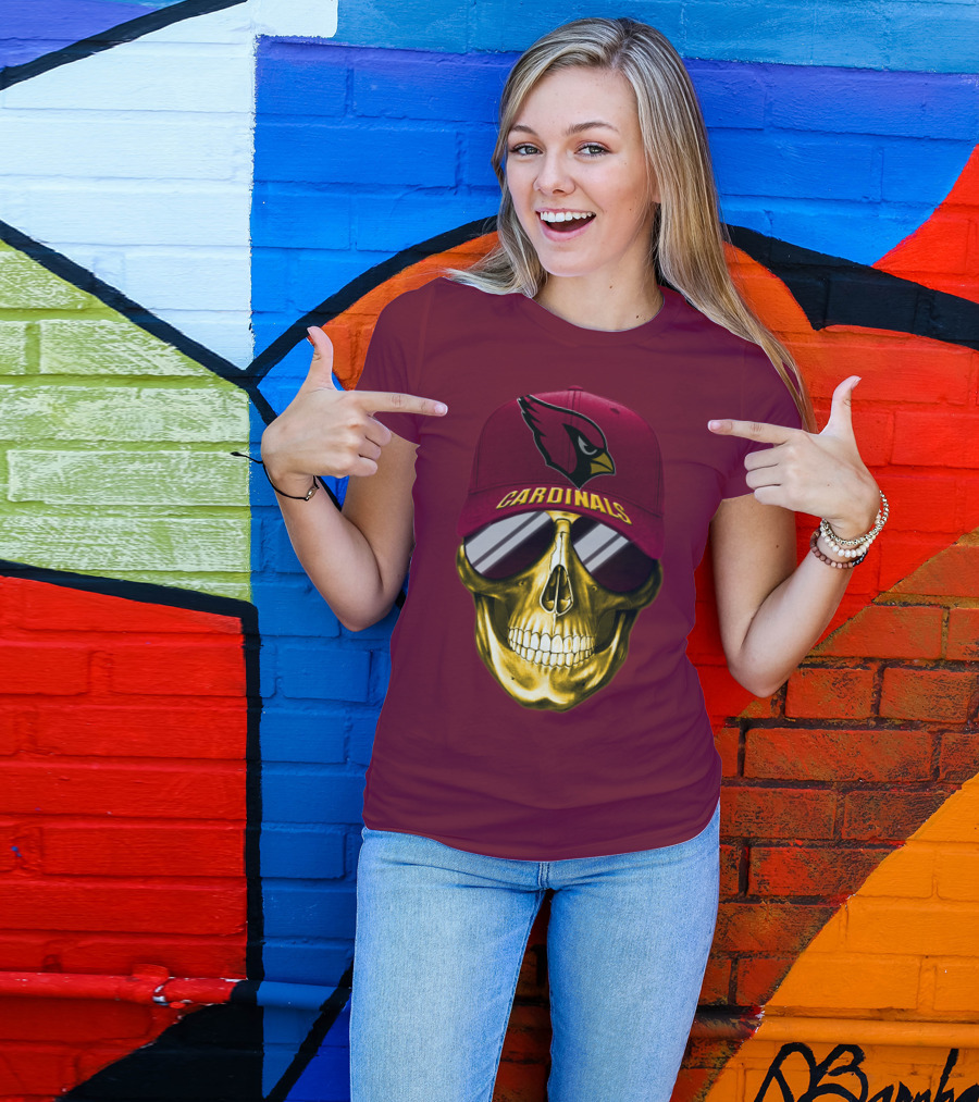 Arizona Cardinals Skull With Hat And Sunglasses T-Shirt
