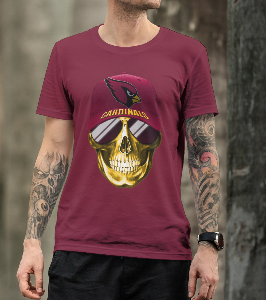 Arizona Cardinals Skull With Hat And Sunglasses T-Shirt