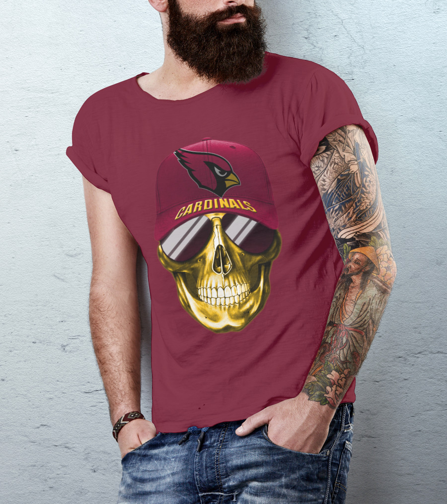 Arizona Cardinals Skull With Hat And Sunglasses T-Shirt
