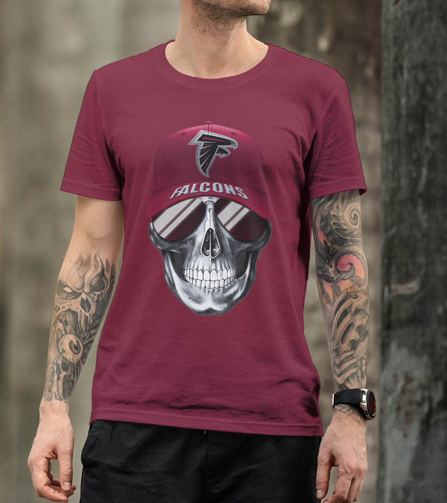 Atlanta Falcons Skull With Logo Hat And Sunglasses T-Shirt