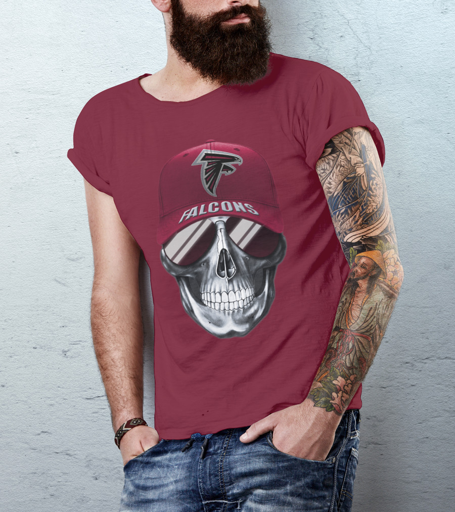 Atlanta Falcons Skull With Logo Hat And Sunglasses T-Shirt