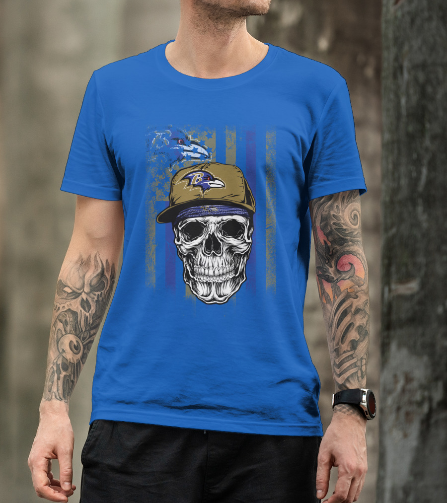 Baltimore Ravens Skull With Hat And Stylized Flag Elements T-Shirt