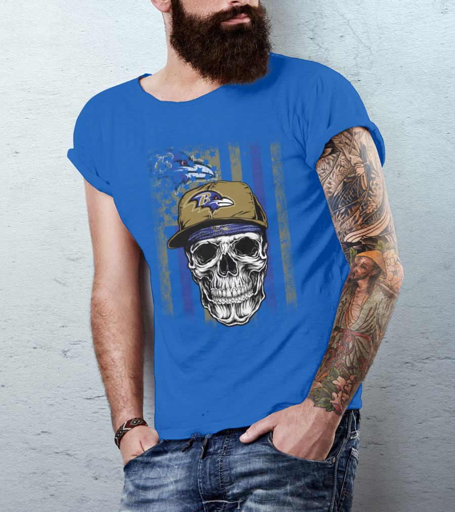 Baltimore Ravens Skull With Hat And Stylized Flag Elements T-Shirt