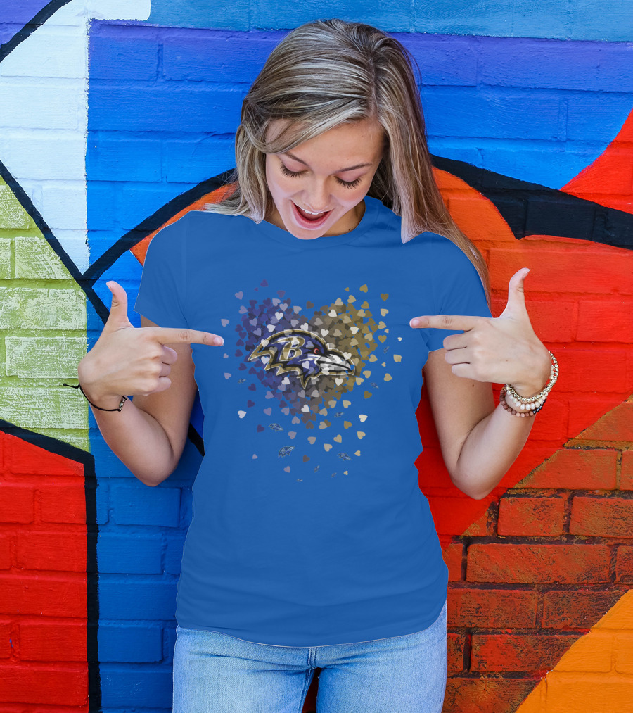 Baltimore Ravens Heart Design With Logo And Multicolored Hearts T-Shirt