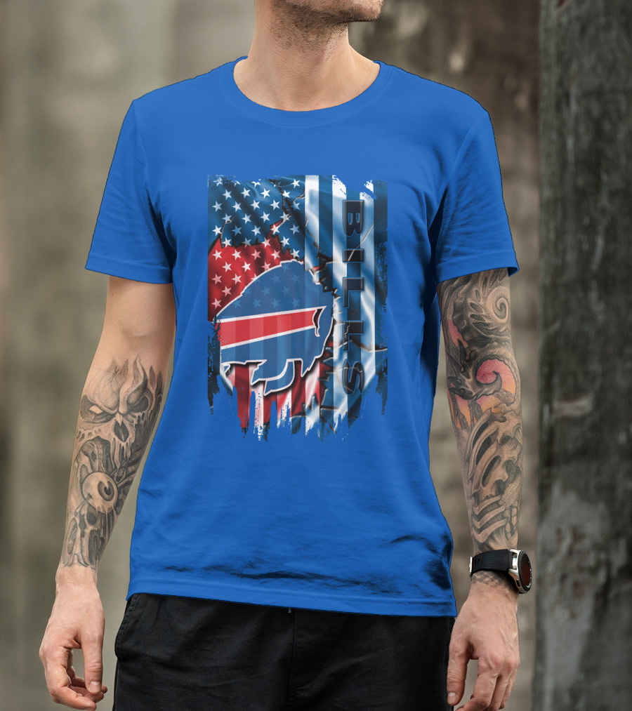 Buffalo Bills American Flag Collage With Team Logo And Bold Vertical T-Shirt