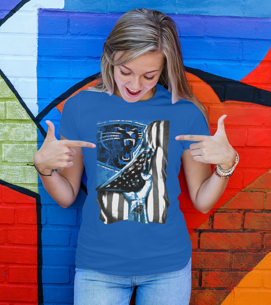 Carolina Panthers American Flag Hand Blue Graphic Fan Merchandise T-Shirt