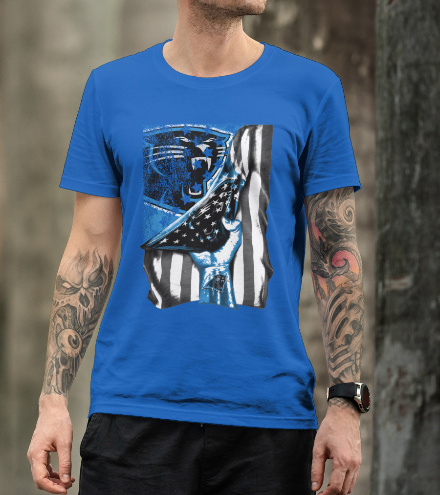 Carolina Panthers American Flag Hand Blue Graphic Fan Merchandise T-Shirt