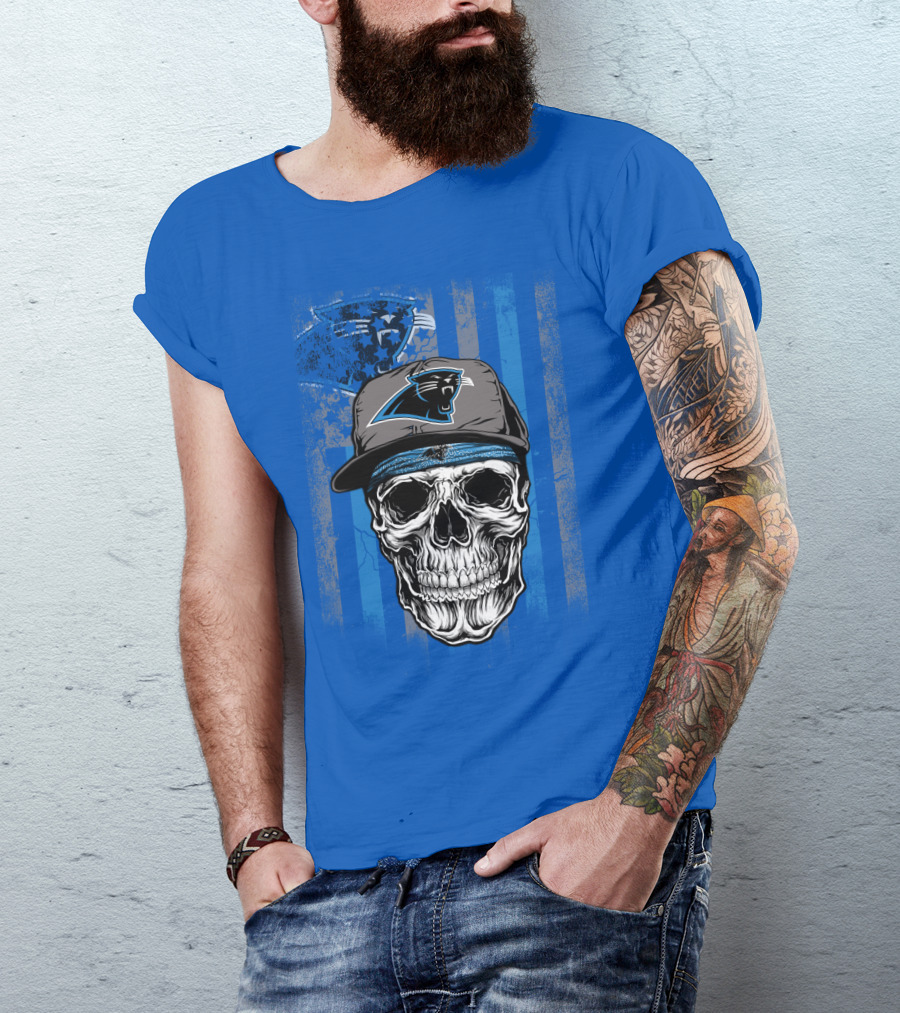 Carolina Panthers Skull With Hat And Striped T-Shirt
