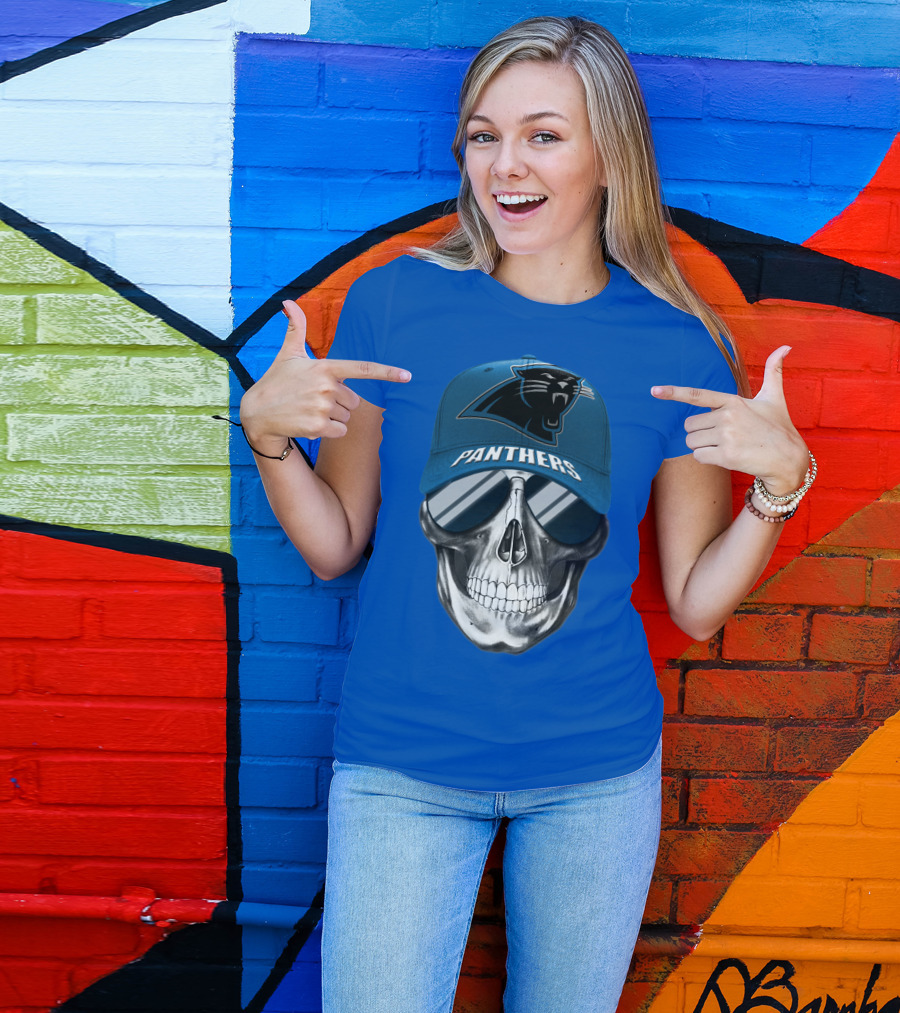 Carolina Panthers Skull Wearing Team Hat And Sunglasses T-Shirt