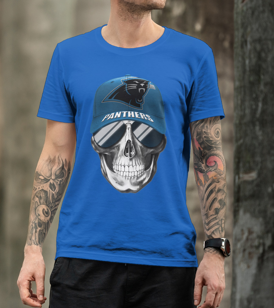Carolina Panthers Skull Wearing Team Hat And Sunglasses T-Shirt
